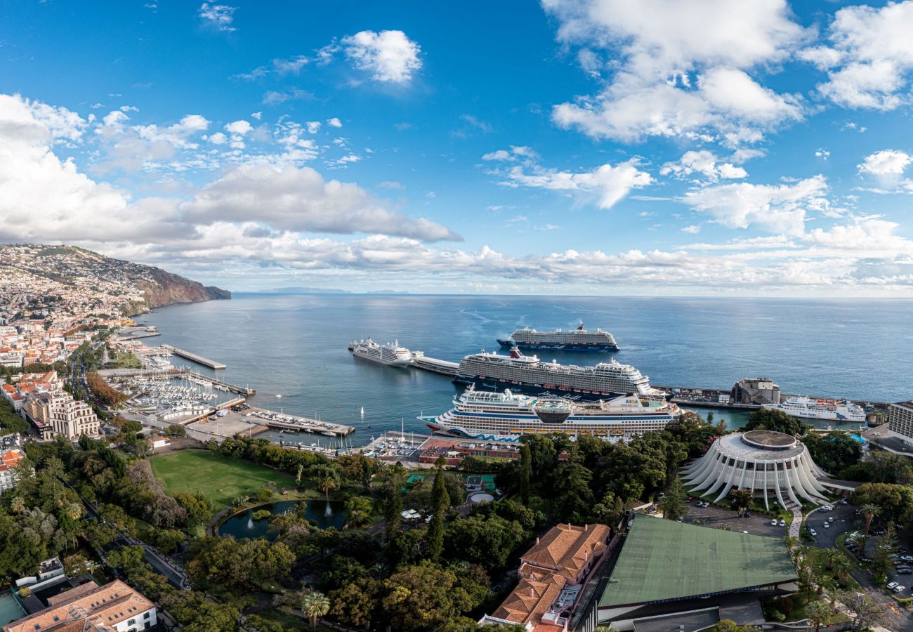 Alojamiento con vista al mar en el centro de Funchal Vista superior del alojamiento desde un dron